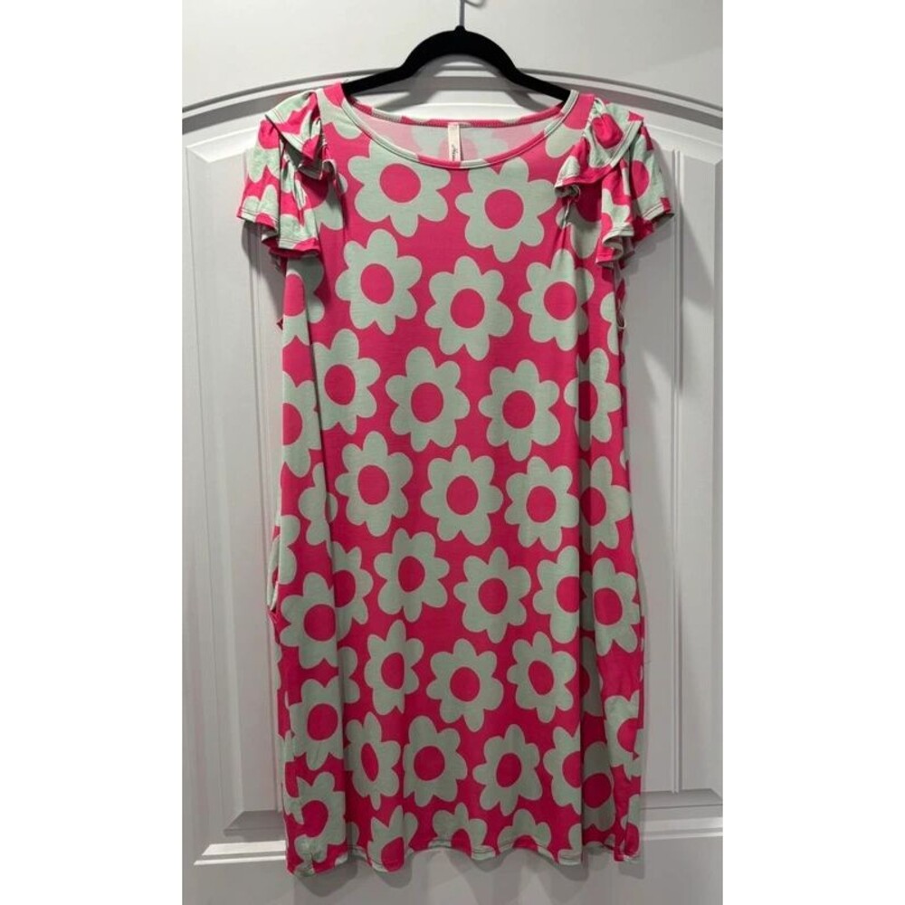 Ladies Medium Mint & Pink Floral Dress with Flutter Sleeves